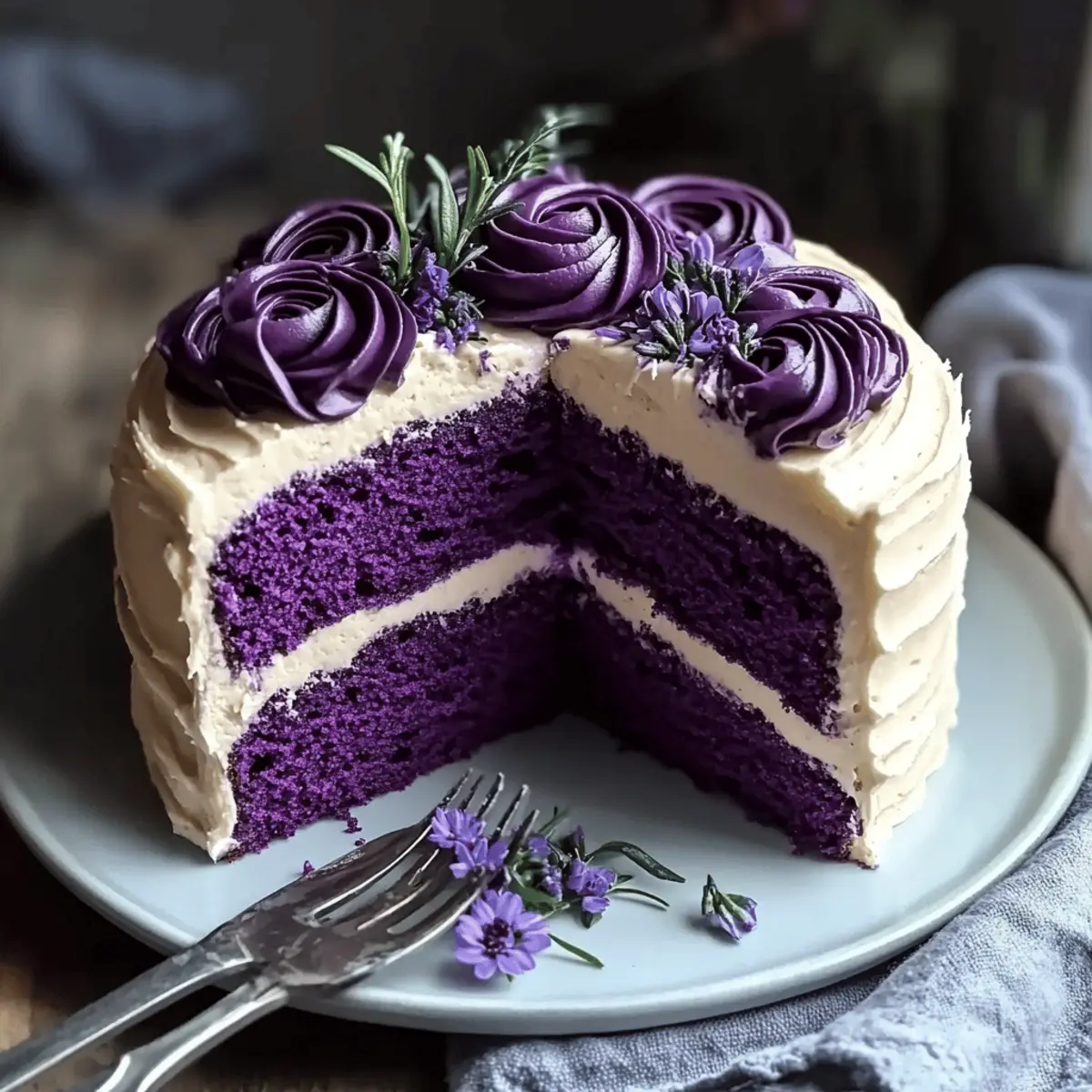 Indulge in Purple Velvet Cake with Creamy Vanilla Bliss