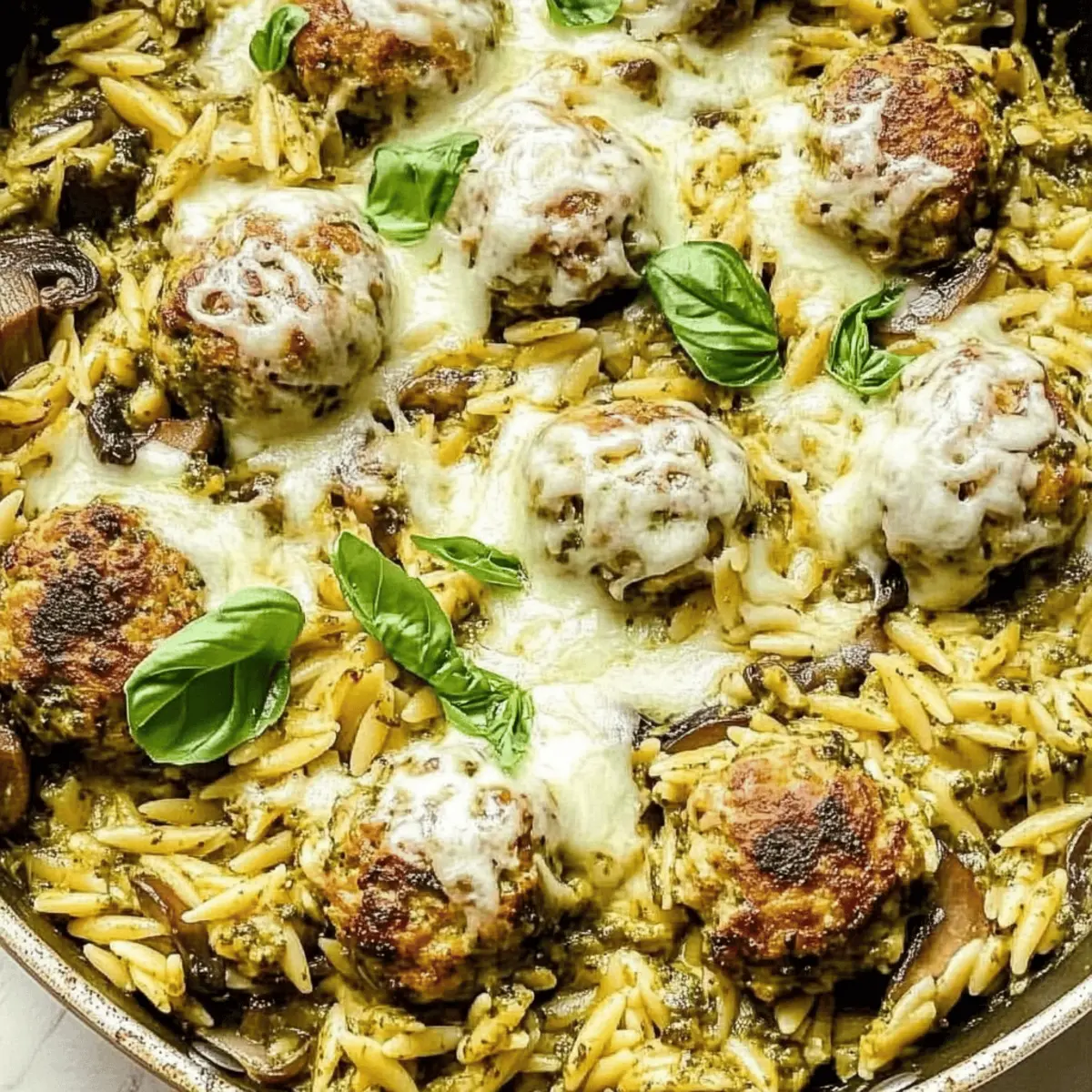 Delicious One Pan Baked Pesto Orzo with Chicken Meatballs