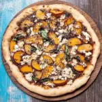 Peachy Pizza with Goat Cheese, Basil, Gorgonzola, and Balsamic Drizzle