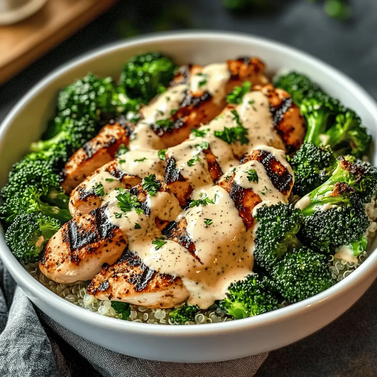 Grilled Chicken & Broccoli Bowls with Creamy Garlic Sauce Bliss