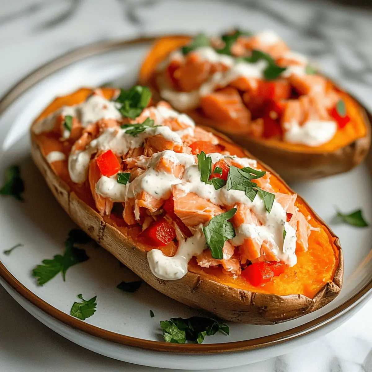 Red Pepper & Canned Salmon Stuffed Sweet Potatoes Delight