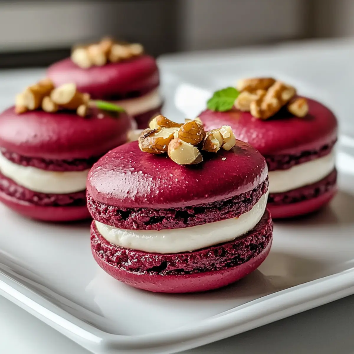 Savory Beet Macarons with Goat Cheese & Walnut Crunch Delight