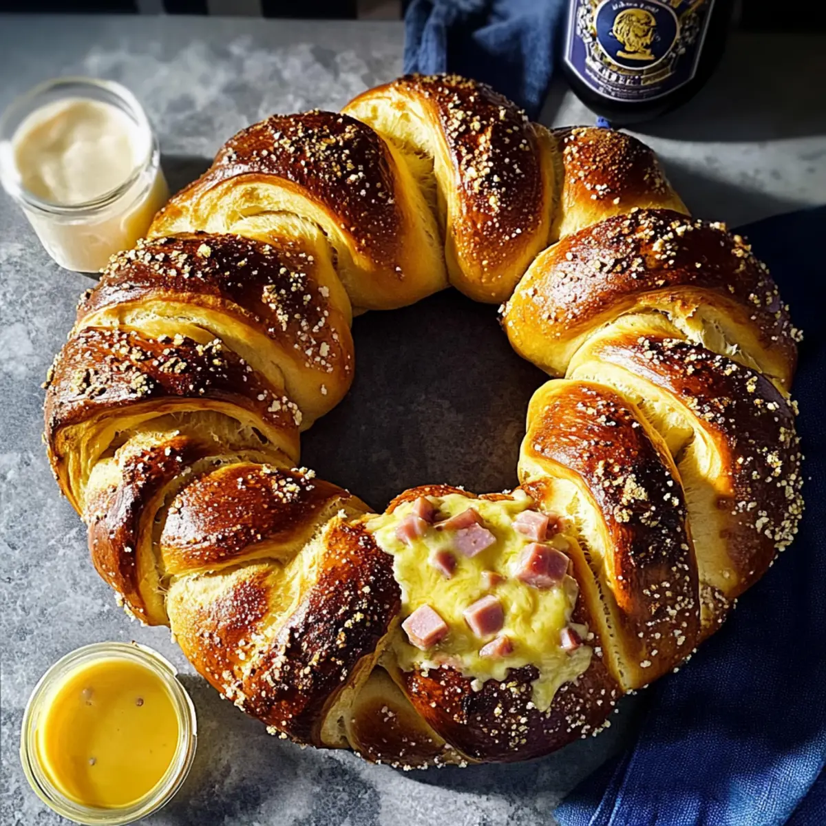 Bavarian Ham & Cheese Stuffed Pretzel Wreath for Festive Gatherings