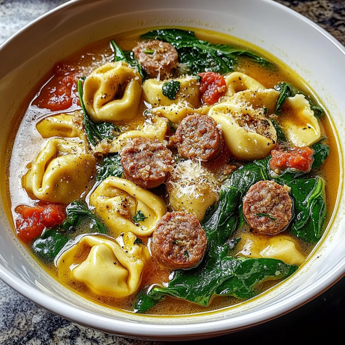 Satisfying Sausage Tortellini Soup with Spinach Delight