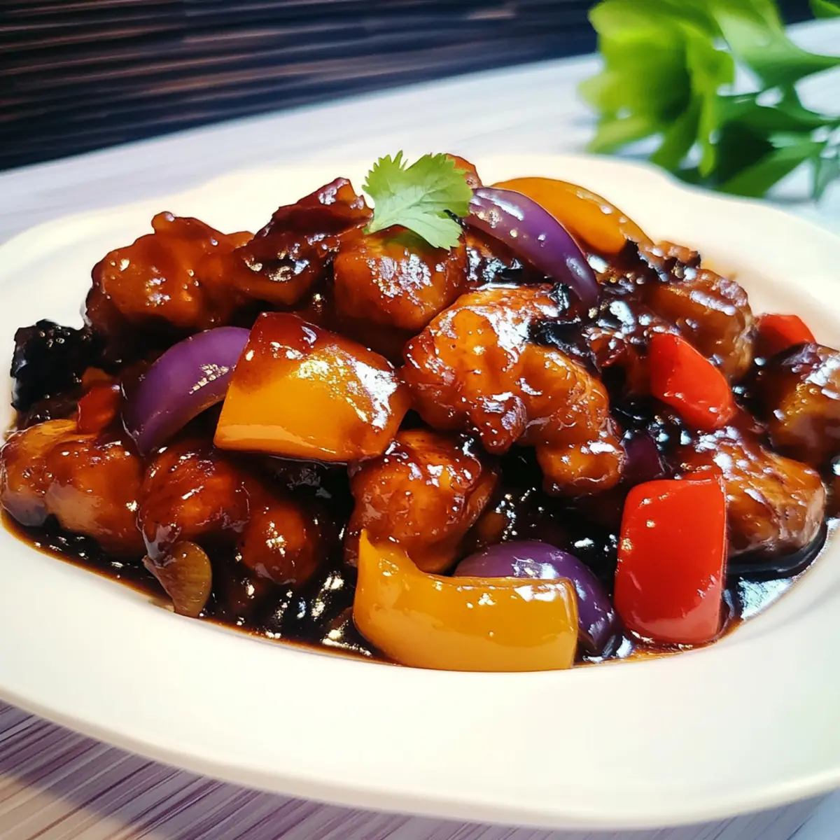 Black Vinegar Chicken with Bell Peppers and Eggplant Delight