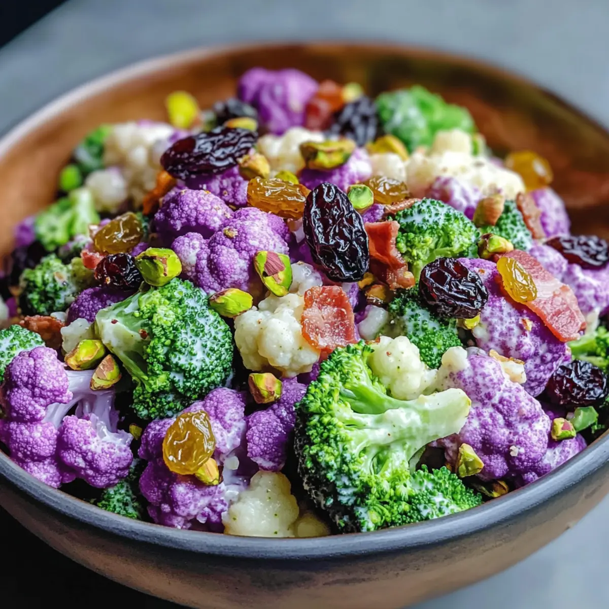 Vibrant Purple Cauliflower & Broccoli Raisin Salad Delight